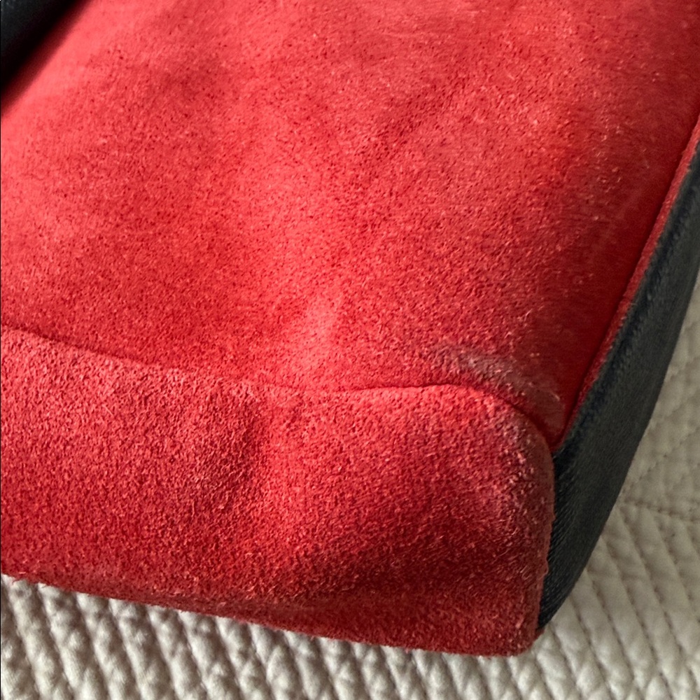 Furla Red Suede Tote with Black Leather Pocket - Picture 4 of 12
